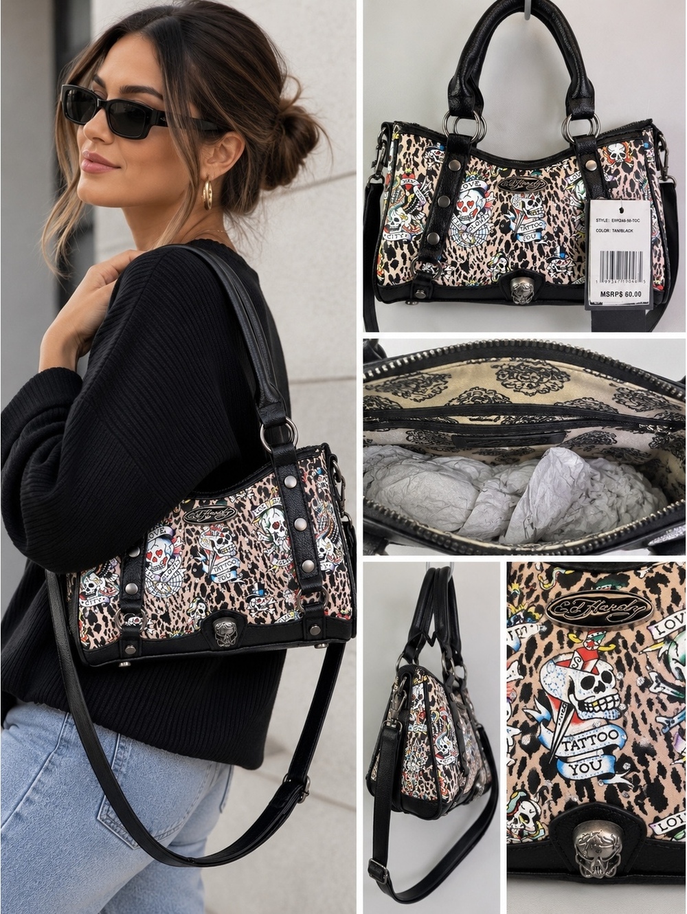 Ed Hardy Tattoo Leopard Print Satchel Handbag Tan Black Skull Crossbody NWT
